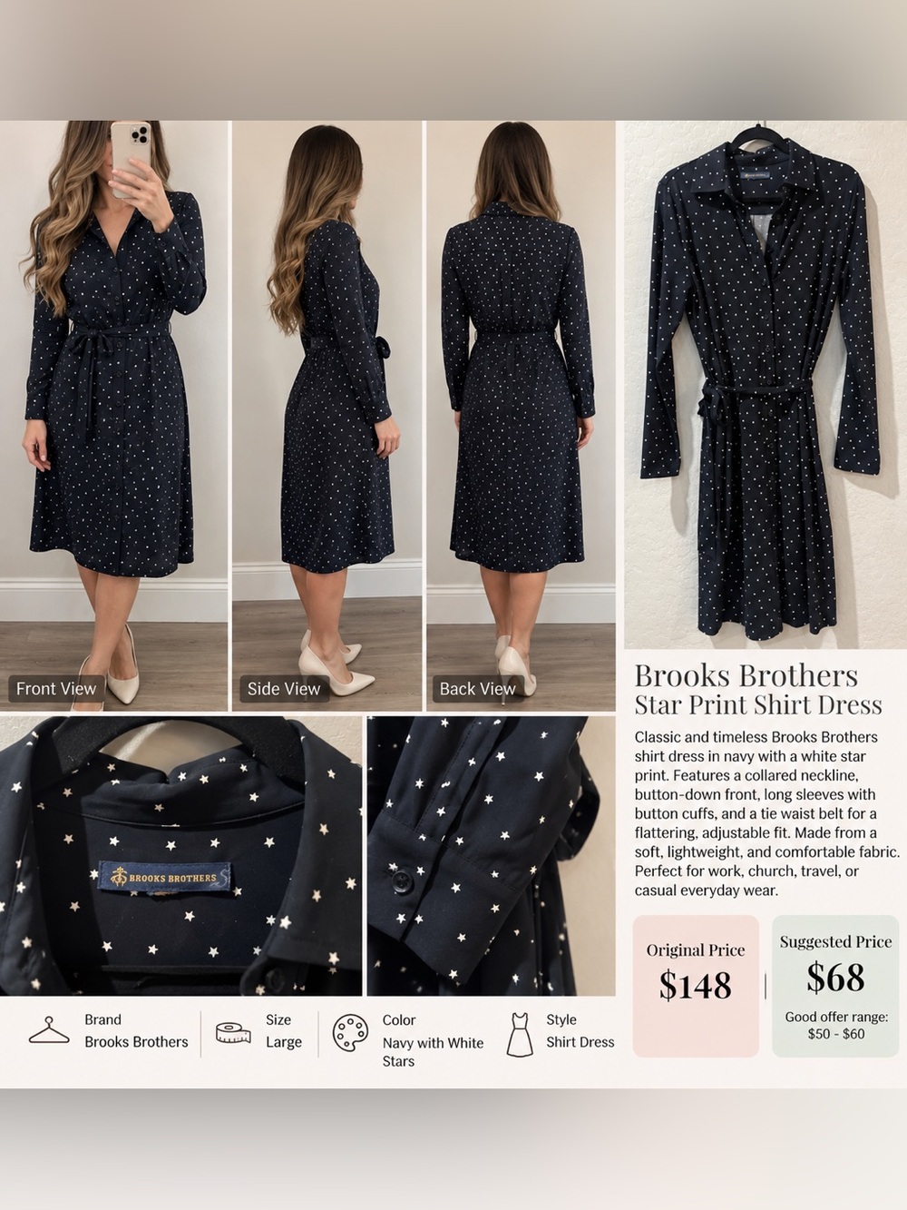 Brooks Brothers Navy Star Print Belted Shirt Dress Size Large